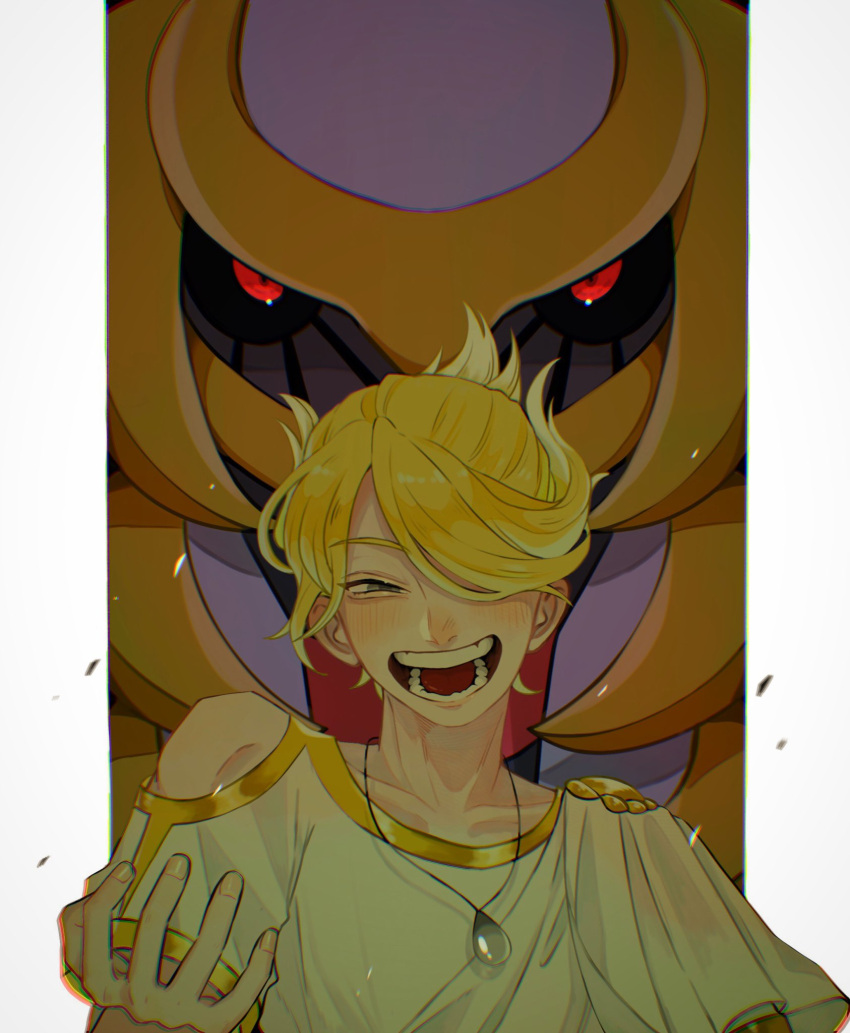 1boy :d bangs black_sclera blonde_hair blurry blush chromatic_aberration colored_sclera commentary_request fingernails fuji_sn giratina grey_eyes hair_over_one_eye half-closed_eyes highres jewelry male_focus necklace open_mouth pillarboxed pokemon pokemon_(game) pokemon_legends:_arceus red_eyes shirt short_hair short_sleeves smile teeth tongue upper_body volo_(pokemon) white_shirt