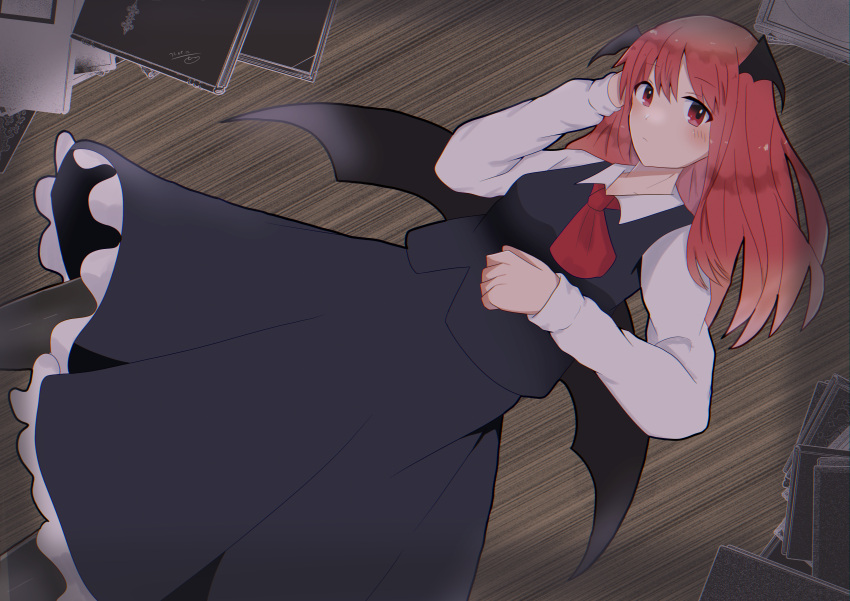1girl absurdres blush book breasts dutch_angle expressionless from_above head_wings highres keinena3015 koakuma long_hair long_sleeves looking_at_viewer lying medium_breasts necktie on_back on_floor pantyhose red_eyes redhead shirt skirt skirt_set solo touhou vest white_shirt wings