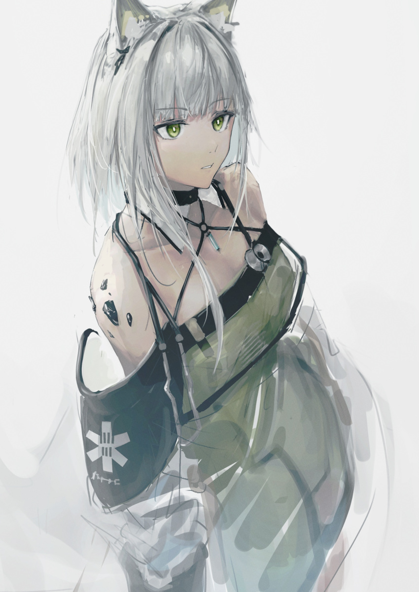 1girl absurdres arknights bare_shoulders cowboy_shot dress eyebrows_visible_through_hair fuyukono green_dress green_eyes grey_hair highres kal'tsit_(arknights) off-shoulder_dress off_shoulder oripathy_lesion_(arknights) short_hair_with_long_locks simple_background sketch solo stethoscope unfinished white_background