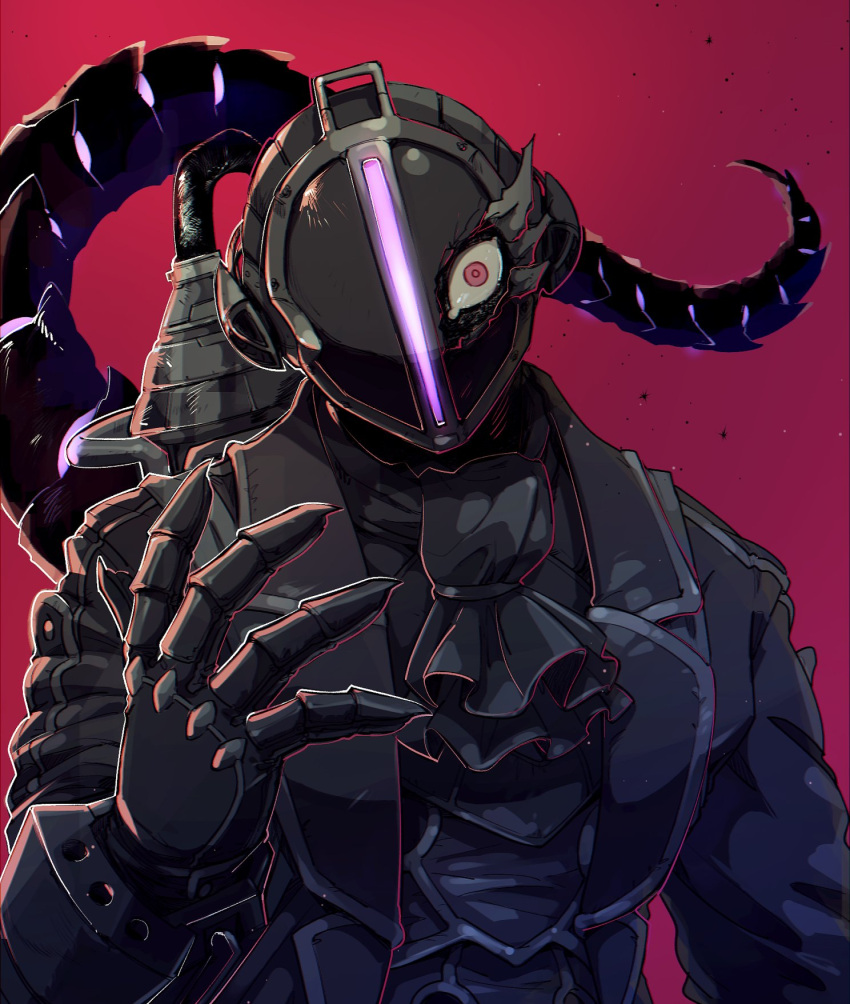 1boy akamtvahosi ascot black_ascot black_gloves black_jacket bondrewd damaged formal gauntlets gloves glowing_tail hand_up helm helmet highres jacket long_sleeves looking_at_viewer made_in_abyss male_focus open_clothes open_jacket red_eyes solo spoilers tail upper_body