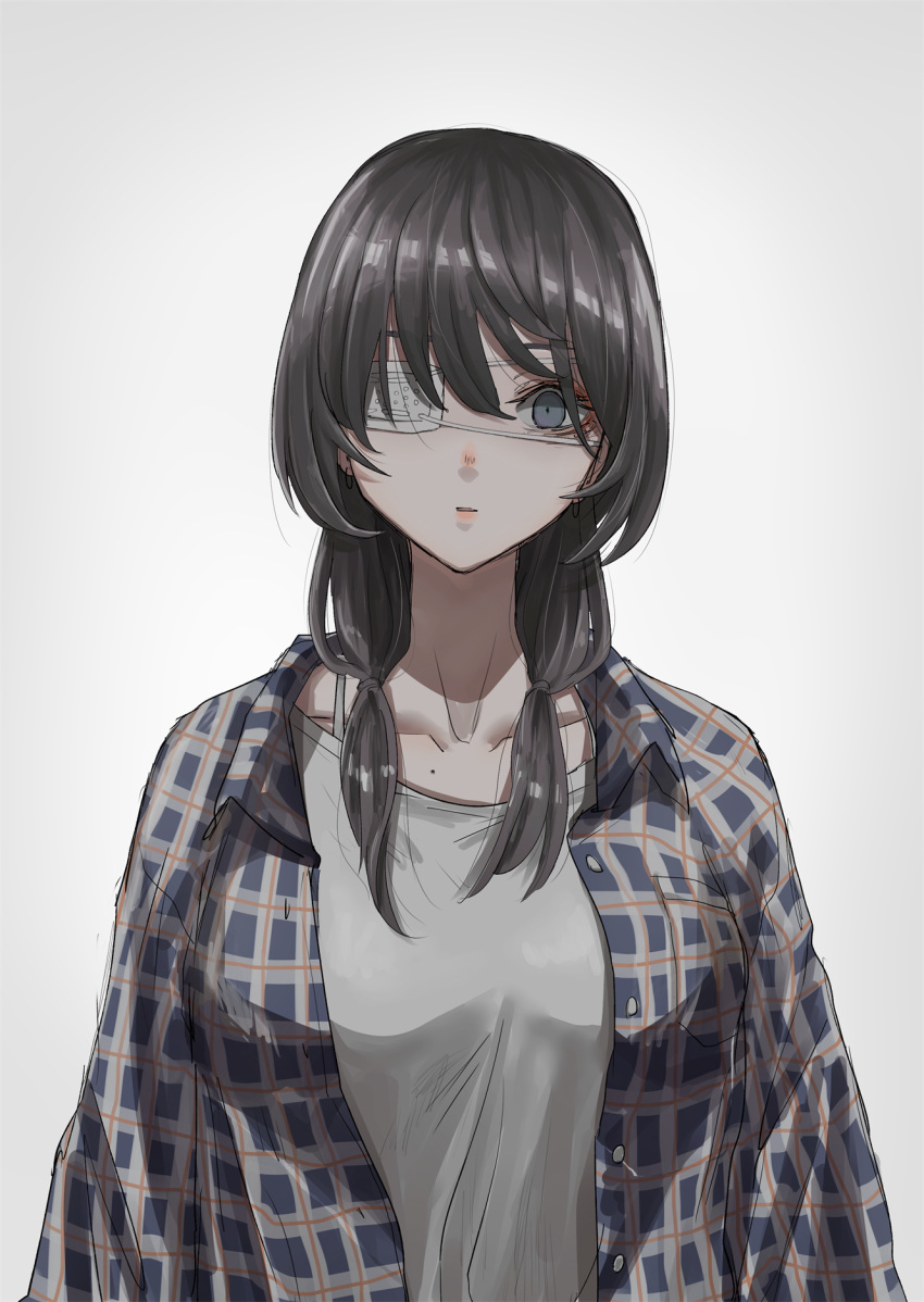 1girl bangs black_hair blue_eyes breast_pocket breasts buttons closed_mouth collarbone commentary eyepatch hair_between_eyes hair_over_shoulder hair_tie highres jacket large_breasts lipstick long_hair looking_at_viewer makeup mole_on_collarbone multicolored_clothes multicolored_jacket original pocket sanpaku shirt simple_background tabao upper_body white_background white_shirt
