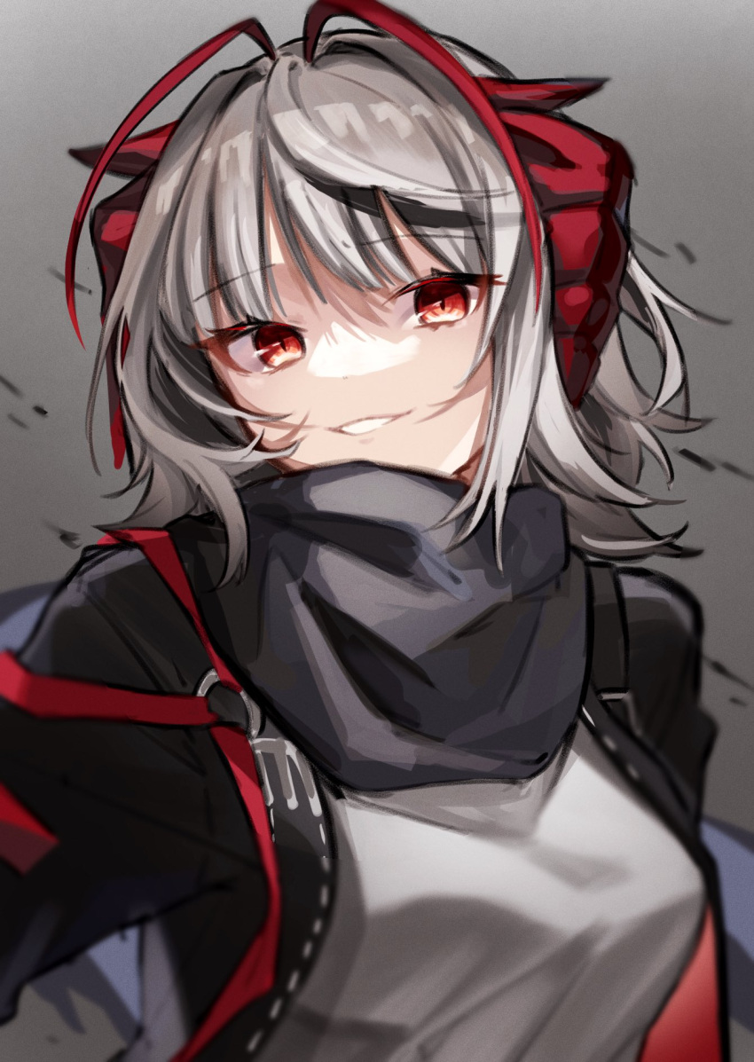 1girl ahoge antenna_hair antennae arknights belt_buckle black_jacket blurry blurry_foreground breasts buckle dust eyebrows_visible_through_hair goma_74umai gradient gradient_background grey_background grey_hair grey_shirt head_tilt highres horns jacket looking_at_viewer medium_hair messy_hair parted_lips red_eyes scarf shaded_face shadow shirt simple_background smile solo strap teeth upper_body w_(arknights)