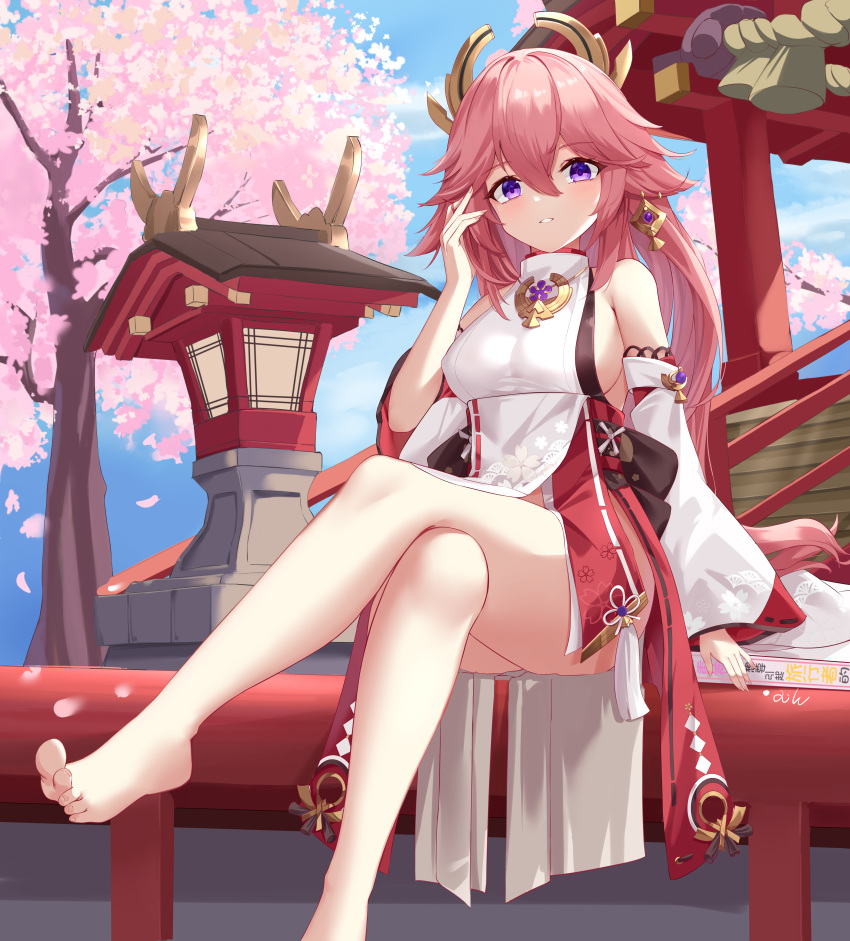 1girl absurdres architecture arm_up barefoot breasts cherry_blossoms crossed_legs detached_sleeves east_asian_architecture feet genshin_impact hair_ornament hand_in_own_hair highres japanese_clothes lantern legs long_hair looking_at_viewer miko nontraditional_miko outdoors petals pink_hair red_skirt rope shirt sideboob sitting skirt smile soles solo thighs toes tree violet_eyes white_shirt white_sleeves yae_miko zehibile