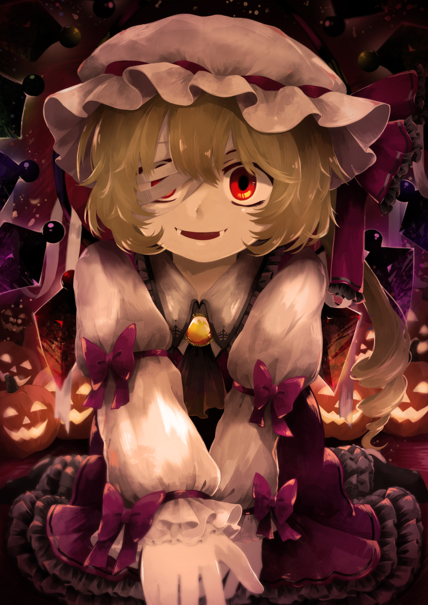 1girl adapted_costume ascot black_ascot blonde_hair brooch collared_shirt commentary_request dark_background dress fangs flandre_scarlet frilled_dress frilled_shirt_collar frilled_sleeves frills hair_between_eyes halloween hat hat_tip highres jewelry limited_palette long_sleeves looking_at_viewer maa_(forsythia1729) medium_hair mob_cap open_mouth purple_dress red_eyes red_ribbon ribbon ribbon-trimmed_headwear ribbon_trim shirt side_ponytail solo touhou white_headwear white_shirt wings yellow_brooch