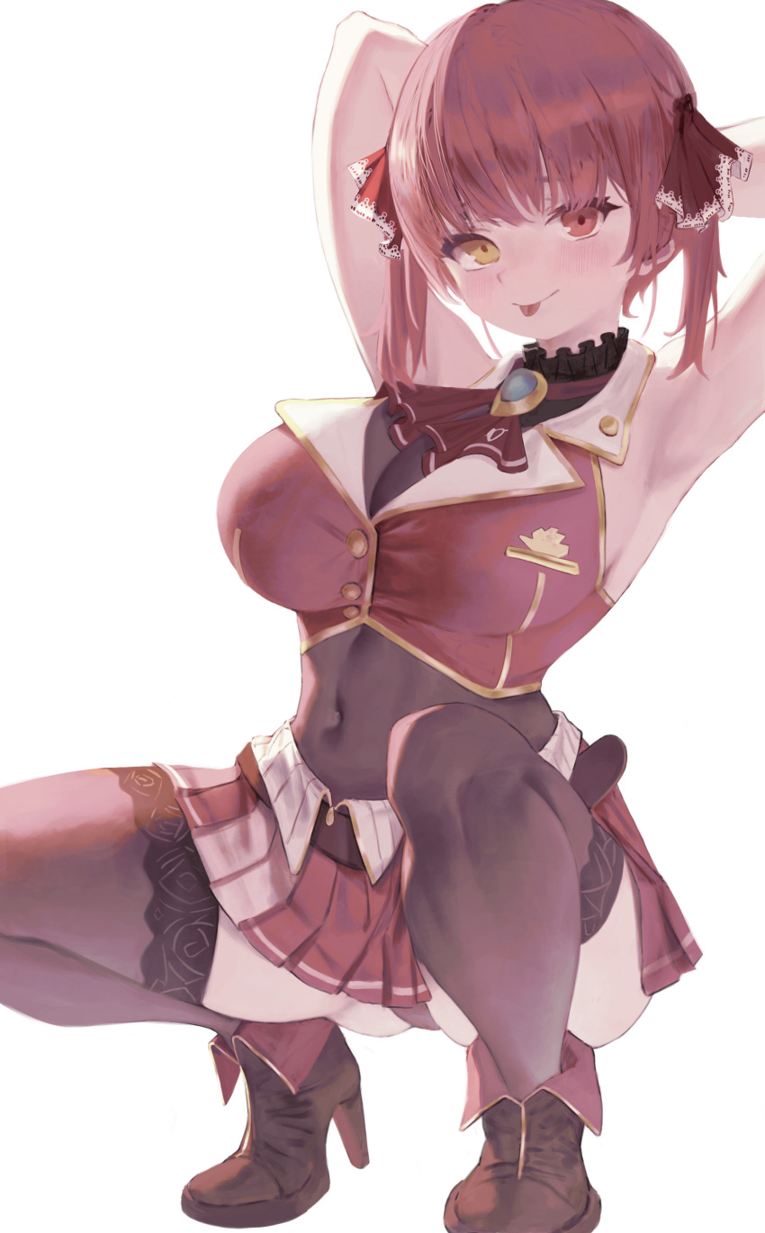 1girl absurdres armpits arms_up belt blue_gemstone blush breasts brown_footwear covered_navel frills gem heterochromia high_heels highres hololive houshou_marine hwoi_(hw_123) large_breasts long_hair pink_skirt red_eyes red_skirt redhead simple_background skirt solo spread_legs squatting thigh-highs tongue tongue_out twintails virtual_youtuber white_background yellow_eyes