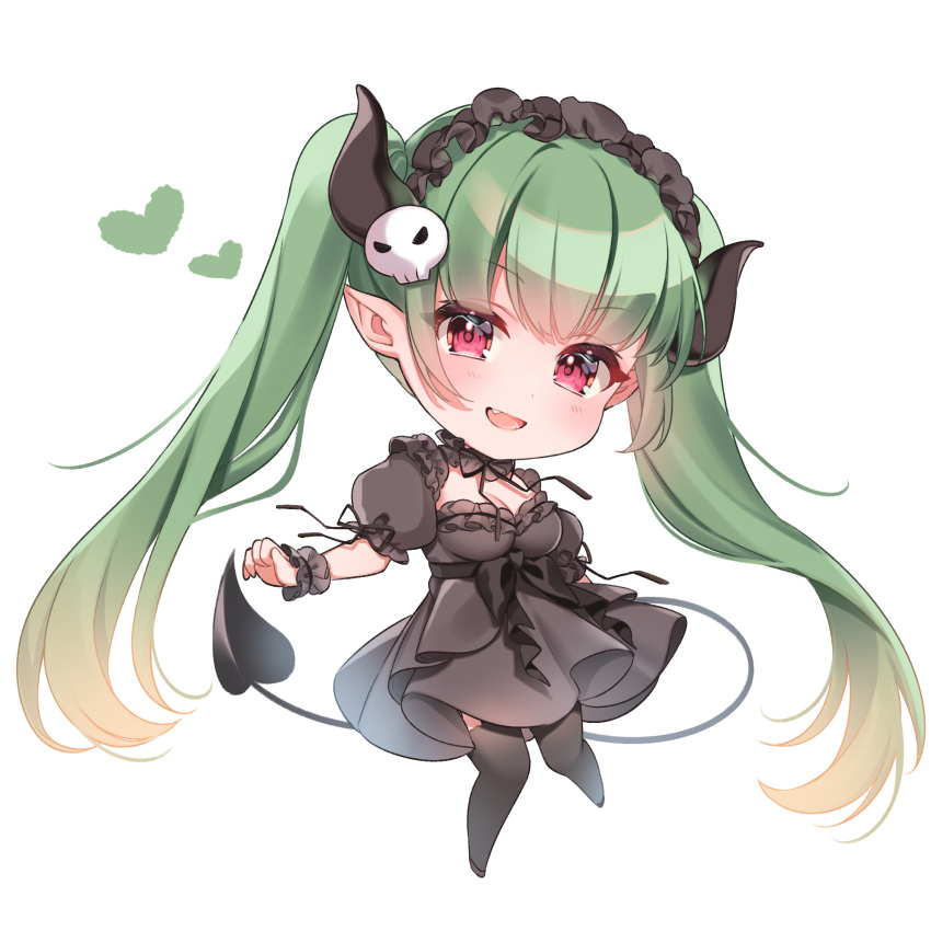 1girl anzu_1026 bangs black_dress blonde_hair breasts chibi cleavage_cutout clothing_cutout demon_tail dress emma_ako floating frilled_hairband frills full_body gradient_hair green_hair hair_ornament hairband heart highres horns indie_virtual_youtuber long_hair looking_at_viewer medium_breasts multicolored_hair open_mouth pink_eyes pointy_ears simple_background skull_hair_ornament solo tail thigh-highs twintails two-tone_hair white_background