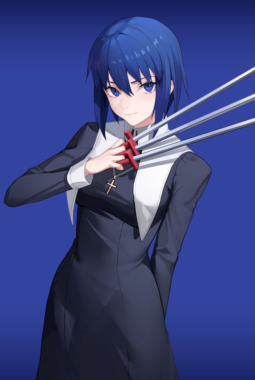 1girl absurdres arm_behind_back bangs between_fingers black_dress black_keys_(type-moon) blue_background blue_eyes blue_hair ciel_(tsukihime) closed_mouth commentary cross cross_necklace dress drid english_commentary habit highres holding holding_sword holding_weapon jewelry latin_cross long_sleeves looking_at_viewer necklace nun short_hair simple_background smile solo sword tsukihime tsukihime_(remake) weapon