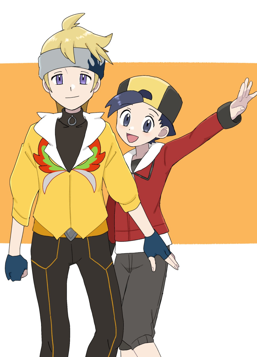 2boys :d backwards_hat belt belt_buckle black_hair black_pants blonde_hair buckle capri_pants ethan_(pokemon) fingerless_gloves gloves grey_eyes grey_headband grey_pants hat headband highres jacket long_sleeves male_focus morty_(pokemon) multiple_boys official_alternate_costume open_mouth outstretched_arm pants pokemon pokemon_(game) pokemon_hgss pokemon_masters_ex red_jacket sana_(37pisana) shirt short_hair smile tongue yellow_jacket