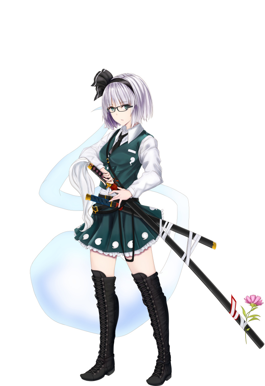 1girl absurdres black_hairband black_necktie black_ribbon blue_eyes bob_cut boots collared_shirt cross-laced_footwear flower frilled_skirt frills full_body glasses green_eyes green_skirt green_vest hair_ribbon hairband highres hitodama_print katana konpaku_youmu necktie puffy_short_sleeves puffy_sleeves ribbon scabbard sheath sheathed shirt short_hair short_sleeves skirt skirt_set solo standing sword tachi-e thigh-highs thigh_boots tk31 touhou transparent_background vest wakizashi weapon white_hair white_shirt