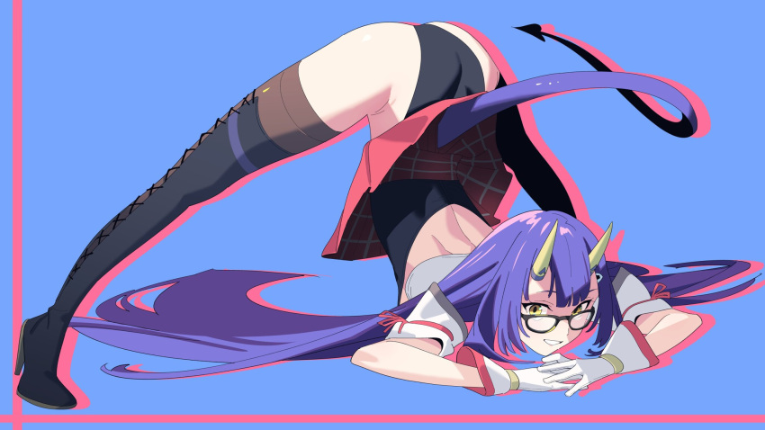 1girl :d black_leotard blue_background blue_hair boots commentary_request commission cross-laced_footwear demon_girl demon_horns demon_tail glasses gloves hands_on_ground henken high_heel_boots high_heels highres horns jack-o'_challenge leotard leotard_under_clothes long_hair looking_at_viewer original pink_background skeb_commission skirt smile solo tail thigh-highs thigh_boots top-down_bottom-up two-tone_background very_long_hair yellow_eyes