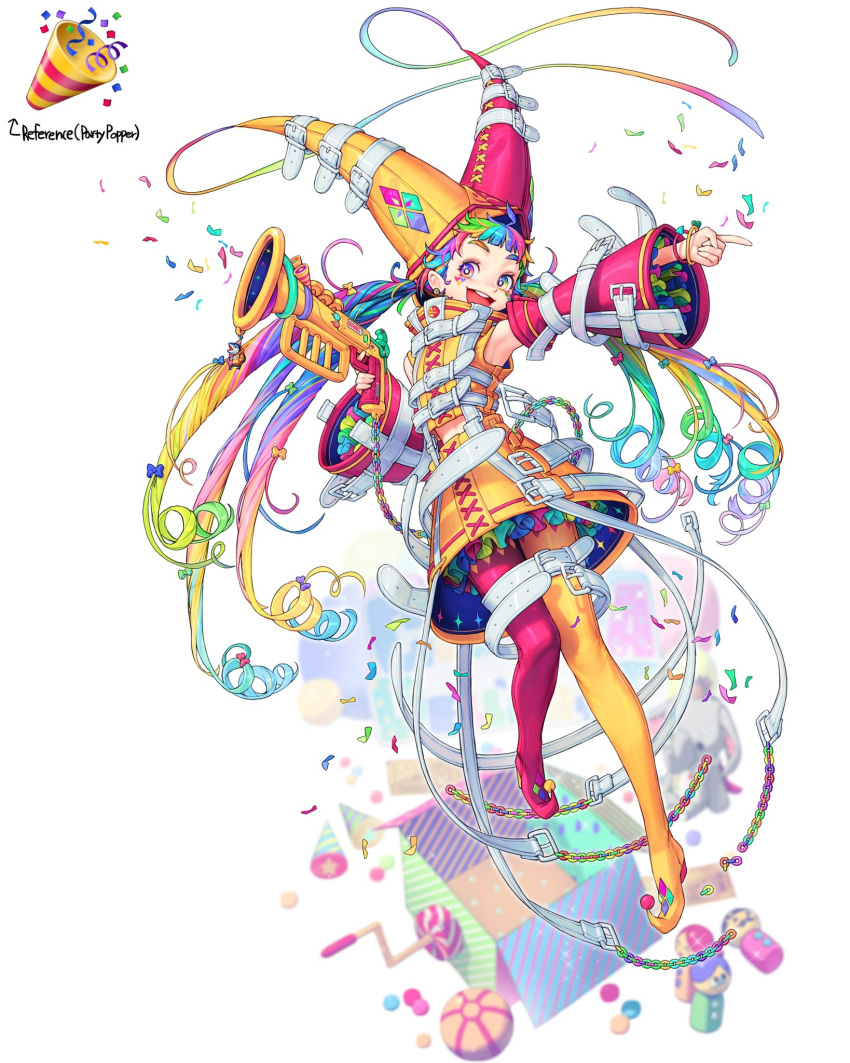 1girl :d belt belt_buckle bow bracelet buckle chain confetti detached_sleeves earrings frilled_skirt frilled_sleeves frills gun hair_bow handgun hat highres holding holding_gun holding_weapon instrument jack_in_the_box_(toy) jester jester_cap jewelry long_hair looking_at_viewer midriff multicolored_eyes multicolored_hair original pointy_footwear rainbow_hair rinotuna skirt smile solo teeth trumpet twintails upper_teeth weapon white_background