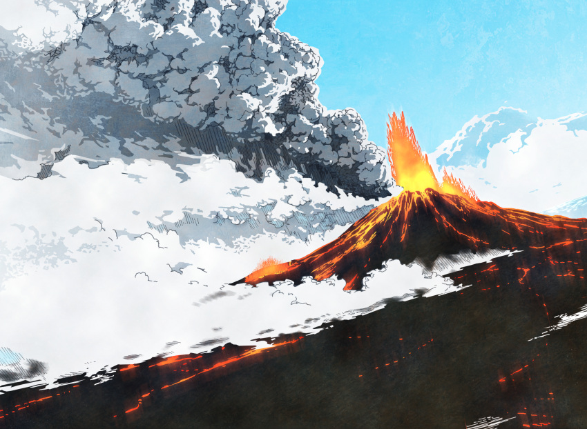 blue_sky clouds cloudy_sky colorized commentary day dust dust_cloud eruption gazing_eye glowing haimura_kiyotaka highres landscape molten_rock no_humans novel_illustration official_art outdoors sky smoke spoilers toaru_majutsu_no_index toaru_majutsu_no_index:_new_testament volcano