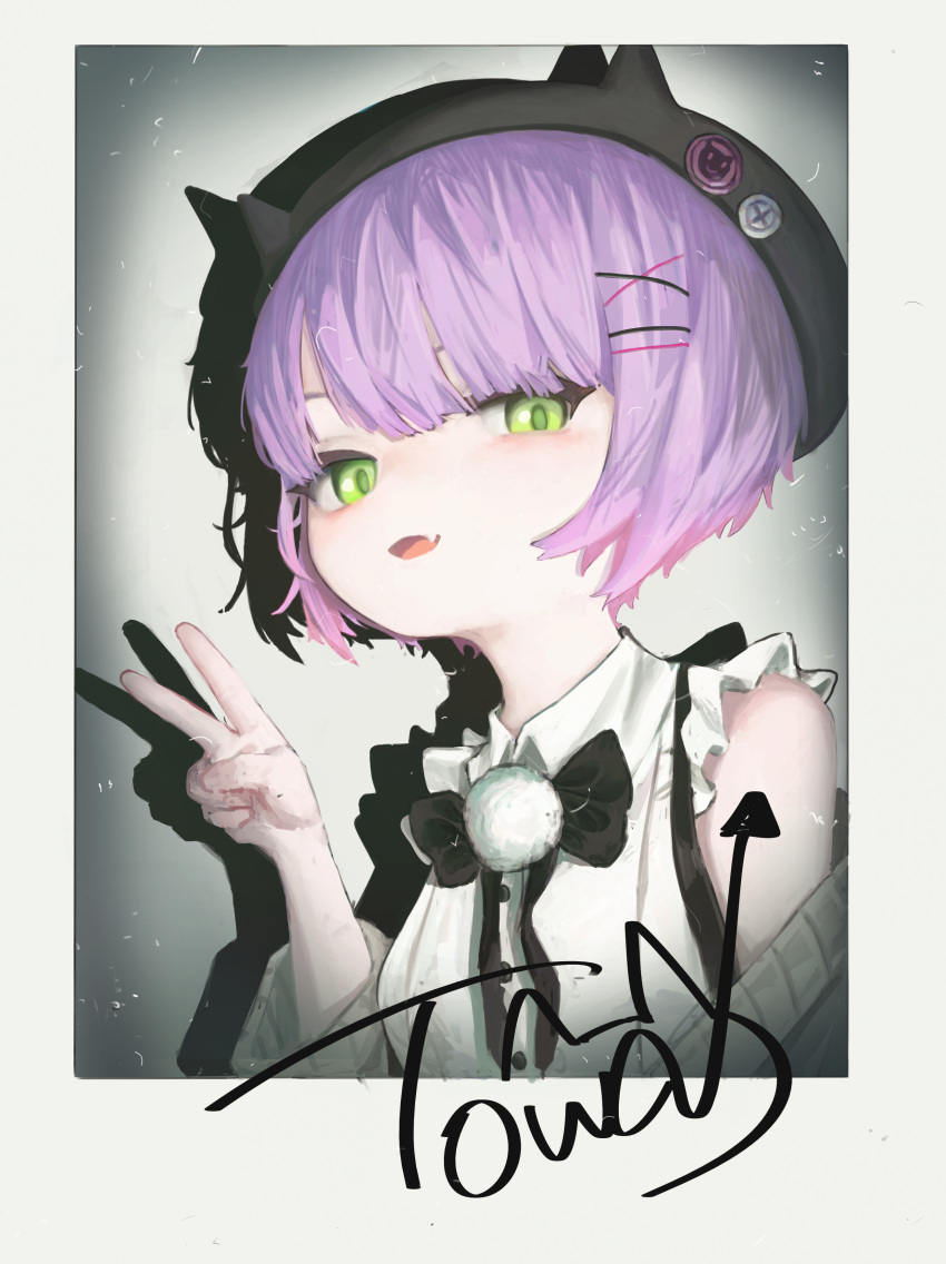1girl absurdres animal_hat badge bare_shoulders black_bow black_headwear blush bow button_badge fang frills green_eyes hair_ornament hat highres hololive hwoi_(hw_123) open_mouth photo_(object) purple_hair short_hair signature skin_fang solo tokoyami_towa tongue upper_body v virtual_youtuber