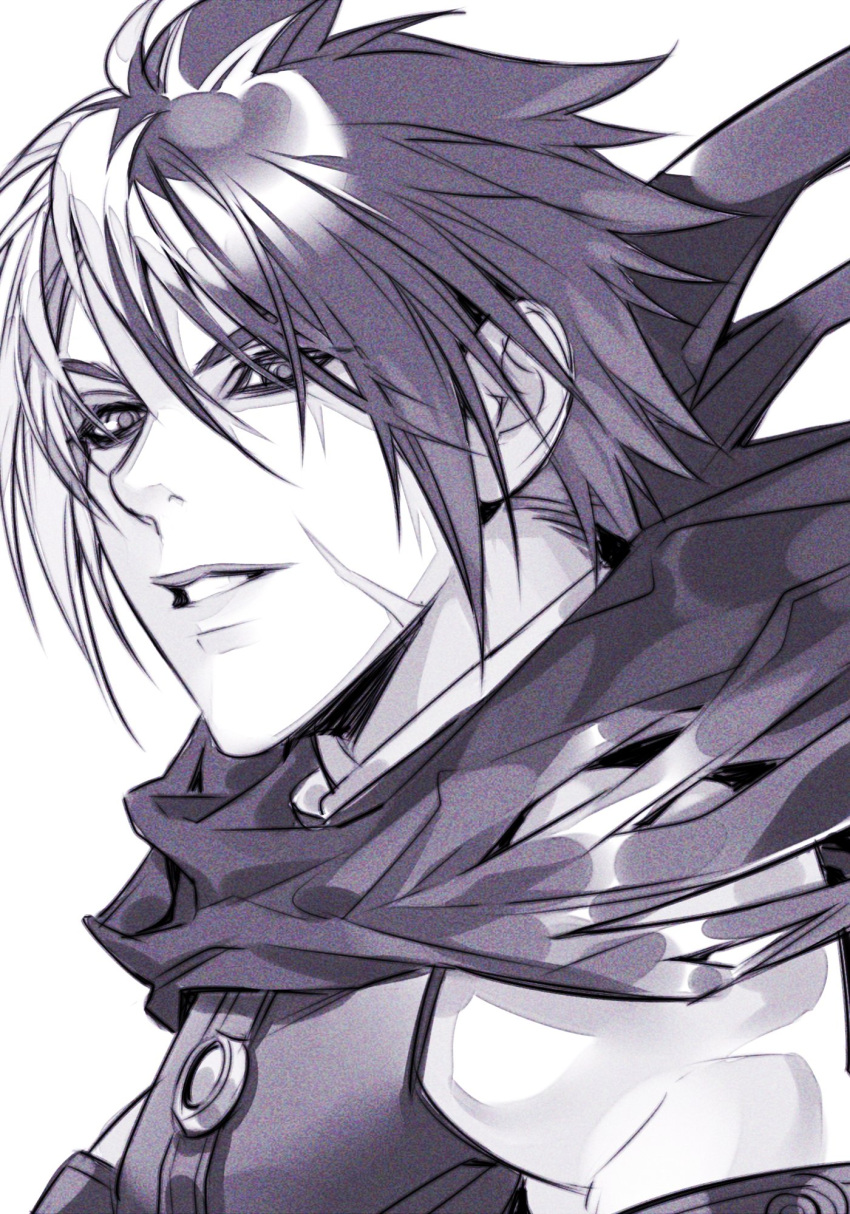 1boy 3337g1 bangs close-up face highres looking_at_viewer male_focus monochrome multicolored_hair nameless_(kof) portrait profile scar scar_on_cheek scar_on_face simple_background smile snk solo the_king_of_fighters the_king_of_fighters_2002 two-tone_hair upper_body