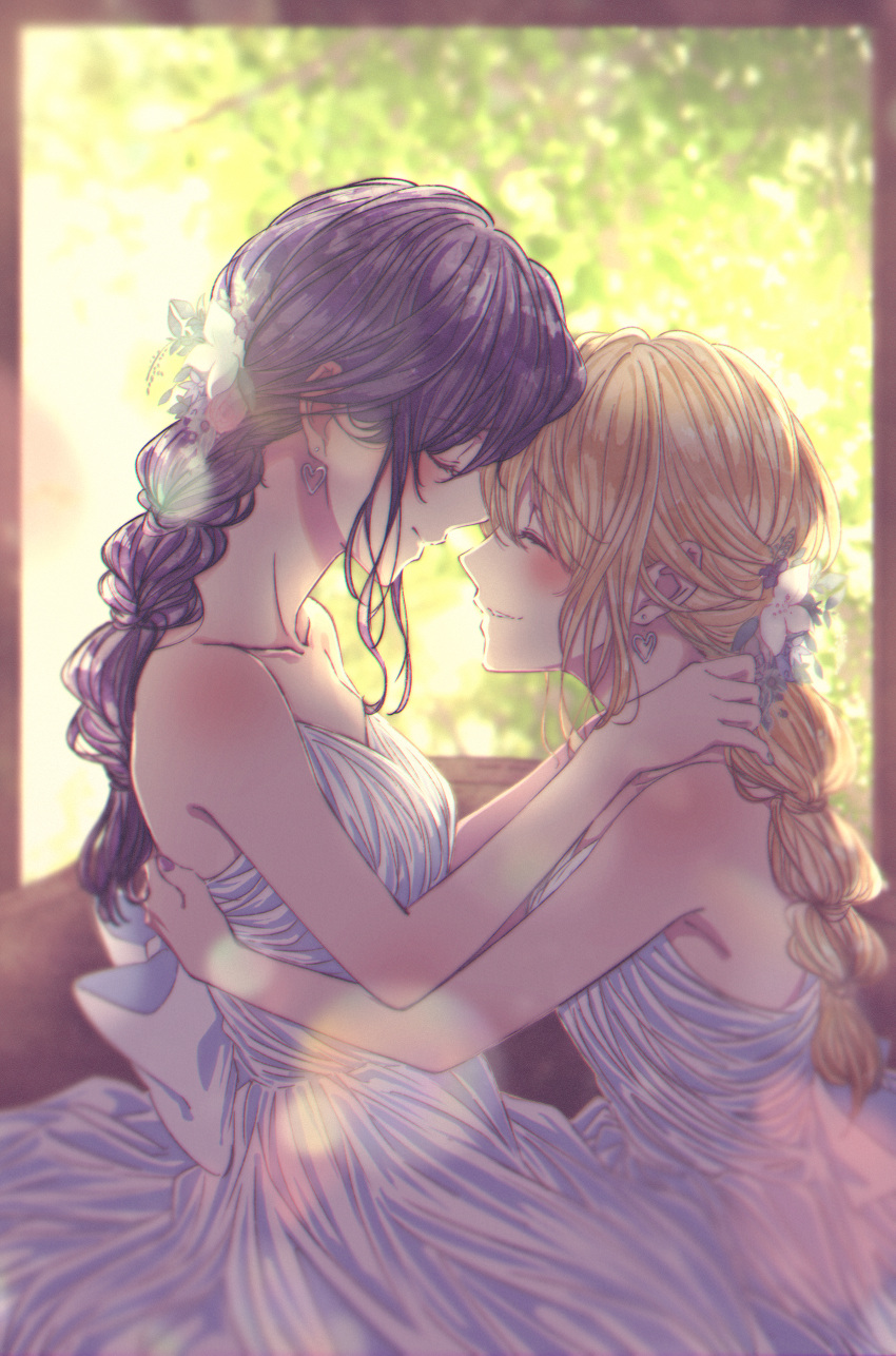 2girls absurdres aihara_mei aihara_yuzu bangs bare_shoulders black_hair blonde_hair blush citrus_(saburouta) closed_eyes closed_mouth couple dress eye_contact eyebrows_visible_through_hair face-to-face facing_another flower glidesloe hair_flower hair_ornament highres incest long_hair looking_at_another multiple_girls sleeveless sleeveless_dress smile step-siblings wife_and_wife yuri