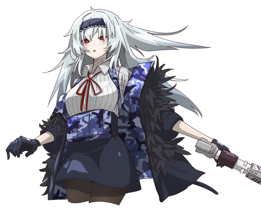 1girl :o bangs black_legwear blue_gloves blue_hair blue_jacket blue_skirt breasts cropped_legs eyebrows_visible_through_hair feather-trimmed_jacket girls_frontline gloves gun hairband handgun highres holding holding_gun holding_weapon jacket long_hair looking_at_viewer neck_ribbon open_clothes open_jacket open_mouth pantyhose pistol red_eyes red_ribbon ribbon scar scar_on_neck shirt shitamichi_4444 skirt solo standing suspender_skirt suspenders thunder_(girls'_frontline) triple_action_thunder weapon white_background white_shirt