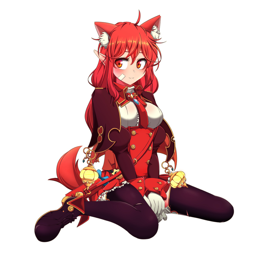1girl animal_ears bag cape cat_ears dungeon_and_fighter female_mage_(dungeon_and_fighter) gloves highres mage_(dungeon_and_fighter) pointy_ears redhead satchel sitting smile sss_(komojinos3) tail thigh-highs white_background witch_(dungeon_and_fighter)