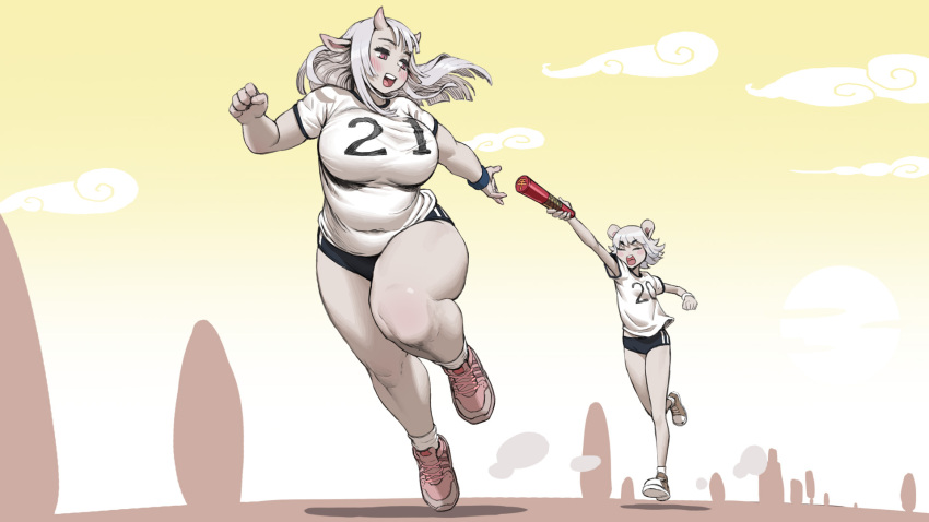 2020 2021 2girls animal_ears breasts buruma commentary cow_girl english_commentary fat gym_uniform highres horns large_breasts long_hair loped mouse_girl multiple_girls new_year open_mouth original pink_footwear running shirt shoes small_breasts sneakers t-shirt white_hair white_shirt yellow_sky