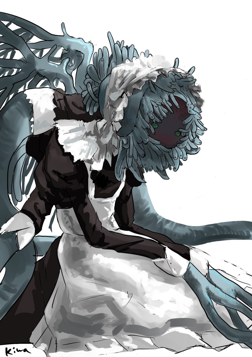 1other alternate_costume apron bloodborne ebrietas_daughter_of_the_cosmos eldritch_abomination enmaided frilled_apron frills green_eyes grey_background highres hunched_over kiwa_(soek) maid maid_apron maid_day maid_headdress signature simple_background sketch solo tentacles wings
