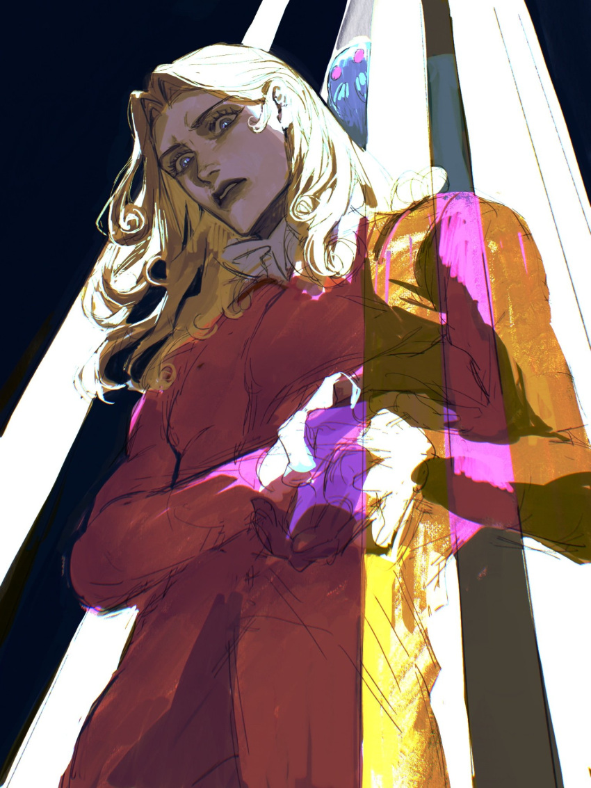 2boys blonde_hair blue_eyes collar curly_hair frilled_collar frilled_sleeves frills funny_valentine gloves hand_on_own_chest highres jojo_no_kimyou_na_bouken lipstick long_hair makeup male_focus multiple_boys puppetjackmj scared stand_(jojo) steel_ball_run tusk_act4