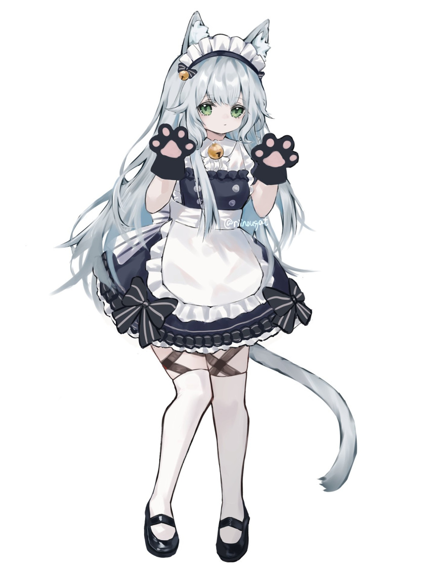 1girl alternate_costume animal_ear_fluff animal_ears apron arknights bangs cat_ears cat_girl cat_tail claw_pose enmaided highres long_hair maid maid_day maid_headdress mary_janes riinougat rosmontis_(arknights) shoes solo tail thigh-highs thigh_strap white_hair