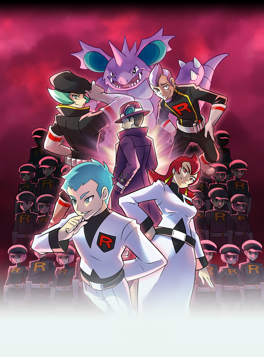 6+boys 6+girls absurdres archer_(pokemon) ariana_(pokemon) belt belt_buckle black_headwear black_jacket buckle closed_mouth coat earrings giovanni_(pokemon) gloves green_eyes green_hair hand_up hat highres jacket jewelry logo long_hair long_sleeves multiple_boys multiple_girls nidoking non-web_source official_alternate_costume official_art pants parted_lips petrel_(pokemon) pokemon pokemon_(creature) pokemon_(game) pokemon_hgss pokemon_masters_ex proton_(pokemon) purple_coat purple_headwear red_eyes redhead short_hair smile team_rocket team_rocket_grunt team_rocket_uniform white_gloves white_jacket white_pants