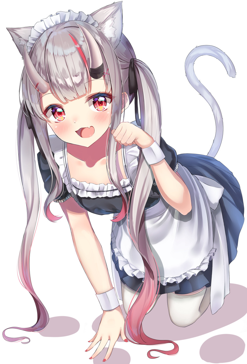 1girl absurdres alternate_costume animal_ear_fluff animal_ears apron black_dress blush cat_ears cat_girl cat_tail dress enmaided fang grey_hair highres hololive horns long_hair maid maid_headdress nail_polish nakiri_ayame oni_horns open_mouth paw_pose rappi red_eyes smile solo tail thigh-highs twintails virtual_youtuber waist_apron white_apron white_legwear wrist_cuffs