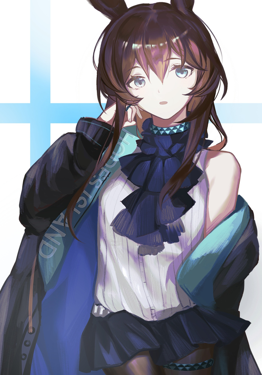 1girl :o amiya_(arknights) animal_ears annnnq arknights ascot bangs black_ascot black_coat black_legwear black_skirt blue_background blue_eyes brown_hair coat eyebrows_visible_through_hair hair_between_eyes hand_up highres jewelry long_hair long_sleeves looking_at_viewer miniskirt multiple_rings off_shoulder open_clothes open_coat open_mouth pantyhose pleated_skirt rabbit_ears ring shirt sidelocks single_bare_shoulder skirt solo thighlet two-tone_background white_background white_shirt