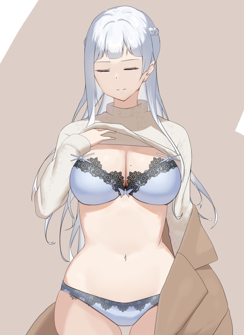 1girl absurdres ak-12_(girls'_frontline) bra braid breasts closed_eyes clothes_lift copper cowboy_shot french_braid girls_frontline grey_bra grey_hair grey_panties highres large_breasts lifted_by_self long_hair long_sleeves mole mole_on_breast navel panties solo standing sweater sweater_lift underwear