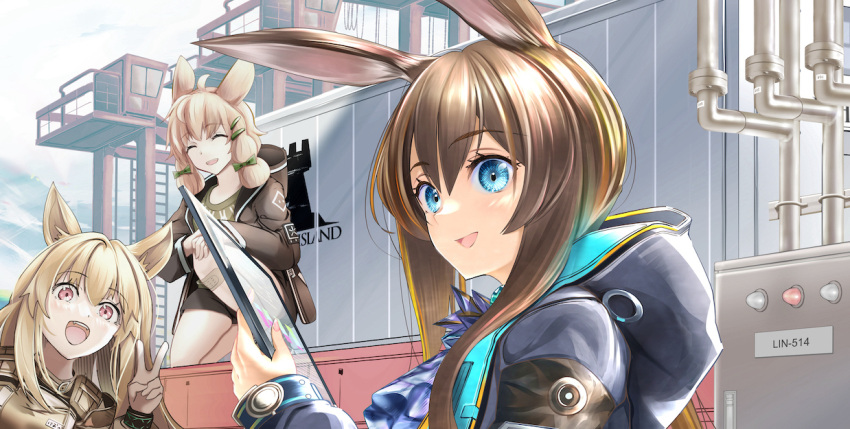 3girls :d amiya_(arknights) animal_ears arknights ascot bangs black_coat black_jacket blonde_hair blue_ascot blue_eyes bottle bow bracelet brown_hair ceobe_(arknights) closed_eyes coat commentary_request container day dog_ears eyebrows_visible_through_hair facing_viewer green_bow hair_bow holding holding_bottle holding_tablet_pc hood hood_down hooded_coat hooded_jacket infection_monitor_(arknights) jacket jewelry kroos_(arknights) long_hair long_sleeves looking_at_viewer multiple_girls open_clothes open_jacket open_mouth outdoors rabbit_ears red_eyes smile tablet_pc teeth upper_body upper_teeth v yokaze_(yokajie)