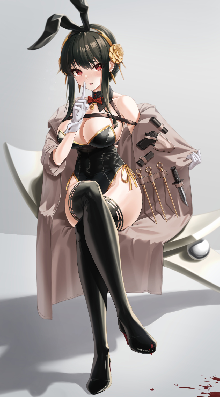 1girl absurdres animal_ears bangs black_footwear black_hair black_leotard boots breasts detached_collar fake_animal_ears finger_to_mouth gloves gold_trim gun handgun hear_(kpmf4732) highres knife large_breasts leotard magazine_(weapon) parted_lips pistol playboy_bunny rabbit_ears red_eyes shadow short_hair_with_long_locks shushing solo spy_x_family strapless strapless_leotard suppressor thigh-highs thigh_boots weapon white_gloves yor_briar