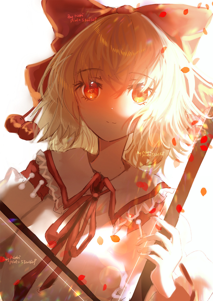 1girl artist_name bangs blonde_hair bow bowtie breasts chinese_commentary closed_mouth collared_shirt commentary_request erhu eyebrows_visible_through_hair frills grey_shirt hair_between_eyes hands_up highres instrument light long_sleeves looking_at_viewer medium_breasts moenoki pom_pom_(clothes) red_bow red_bowtie red_eyes satsuki_rin shirt short_hair simple_background smile solo touhou upper_body white_background wide_sleeves