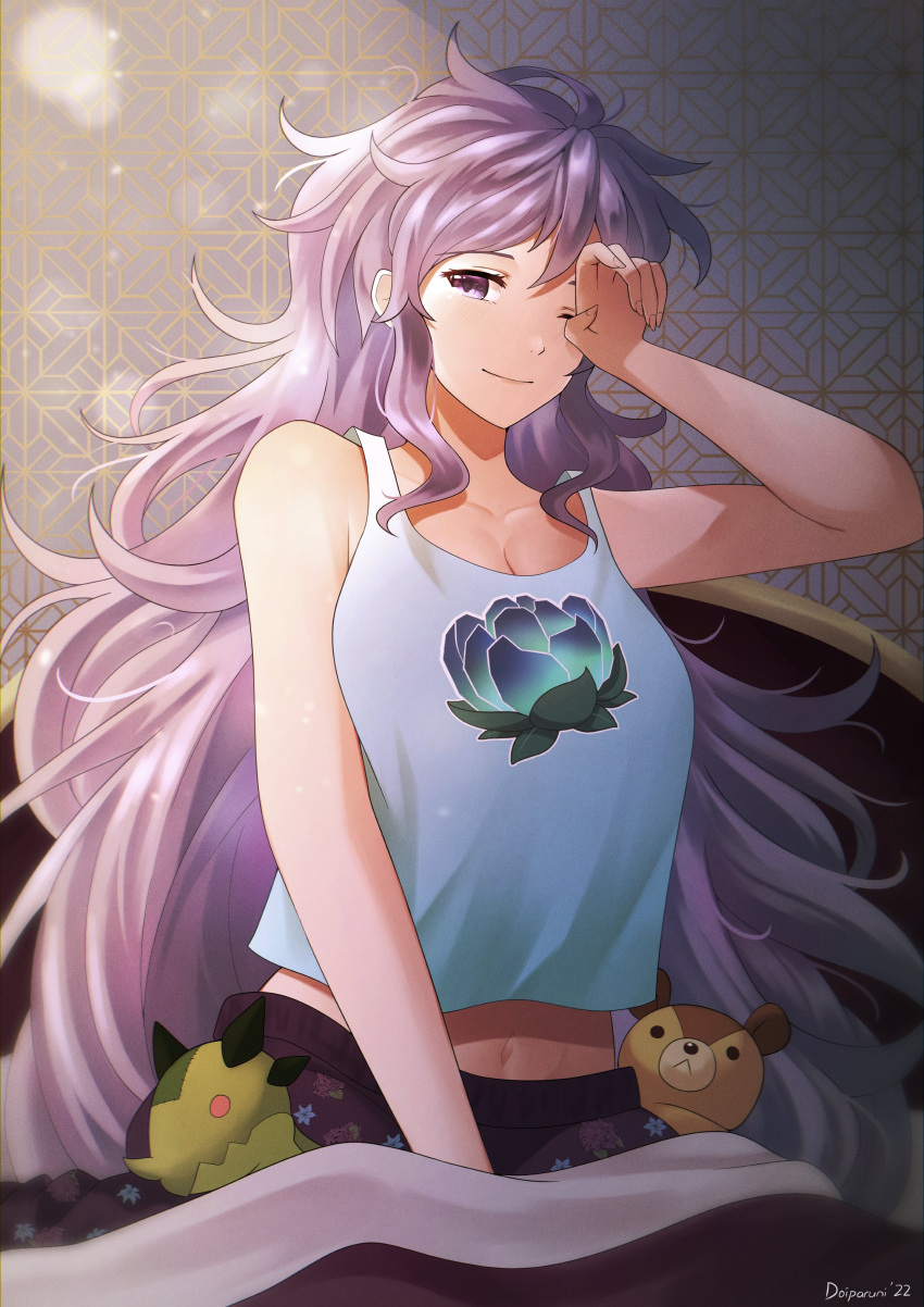 1girl absurdres doiparuni fire_emblem fire_emblem:_genealogy_of_the_holy_war fire_emblem_heroes highres ishtar_(fire_emblem) long_hair purple_hair rubbing_eyes sleepy smile stuffed_animal stuffed_dragon stuffed_toy teddy_bear violet_eyes