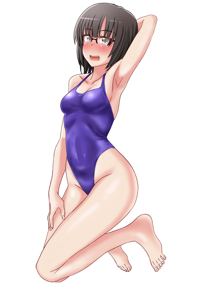 1girl bangs barefoot black_eyes blue_swimsuit breasts brown_eyes chiyoberiba commentary_request ebina_hina full_body glasses highleg highleg_swimsuit highres looking_at_viewer medium_breasts short_hair simple_background small_breasts solo swimsuit white_background yahari_ore_no_seishun_lovecome_wa_machigatteiru.