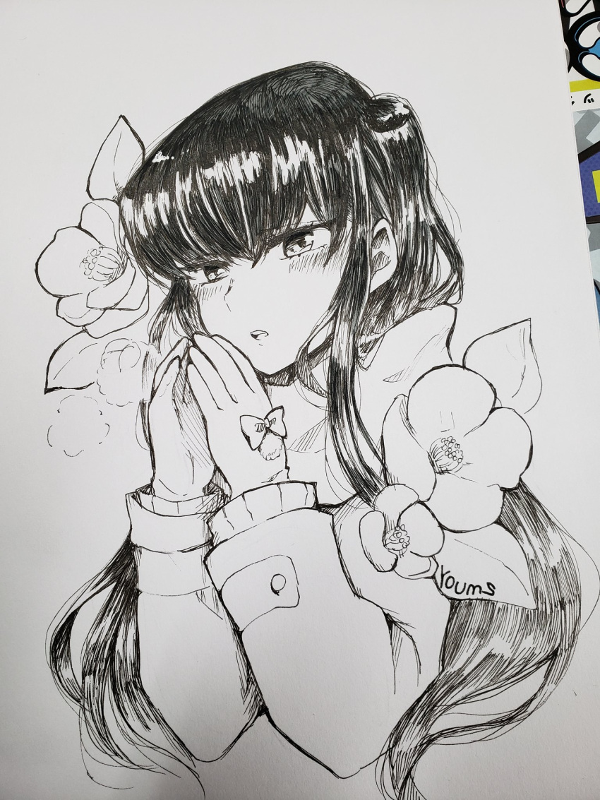 1girl artist_name bangs blush bow breath commentary_request cropped_torso eyebrows_visible_through_hair flower flower_request glove_bow gloves greyscale hands_up hatching_(texture) highres jacket komi-san_wa_komyushou_desu komi_shouko linear_hatching long_hair long_sleeves looking_at_viewer monochrome mumu_yu_mu own_hands_together parted_lips photo_(medium) scarf shiny shiny_hair signature solo teeth traditional_media upper_body upper_teeth