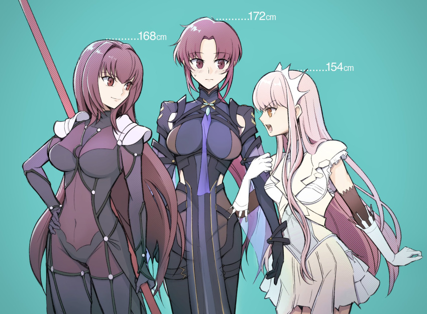 3girls arm_grab armor bazett_fraga_mcremitz bodysuit breasts covered_navel cowboy_shot fate/grand_order fate_(series) gae_bolg_(fate) hair_intakes height_difference highres holding_another's_arm kassan_(kassan_5a) large_breasts looking_at_another manannan_mac_lir_(fate) manannan_mac_lir_(second_ascension)_(fate) medb_(fate) mole multiple_girls pauldrons pink_hair polearm purple_hair red_eyes scathach_(fate) short_hair shoulder_armor size_difference smile spear tiara weapon yellow_eyes