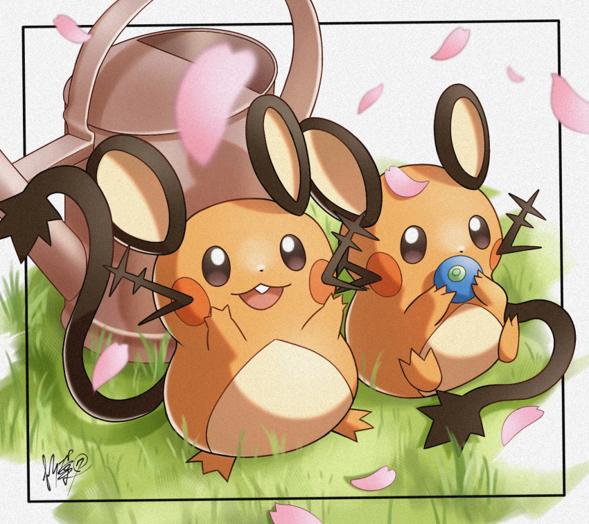 :d berry_(pokemon) brown_eyes commentary_request dedenne falling_petals framed grass highres holding kuchiba_(jret2454) open_mouth oran_berry petals pokemon sitting smile watering_can