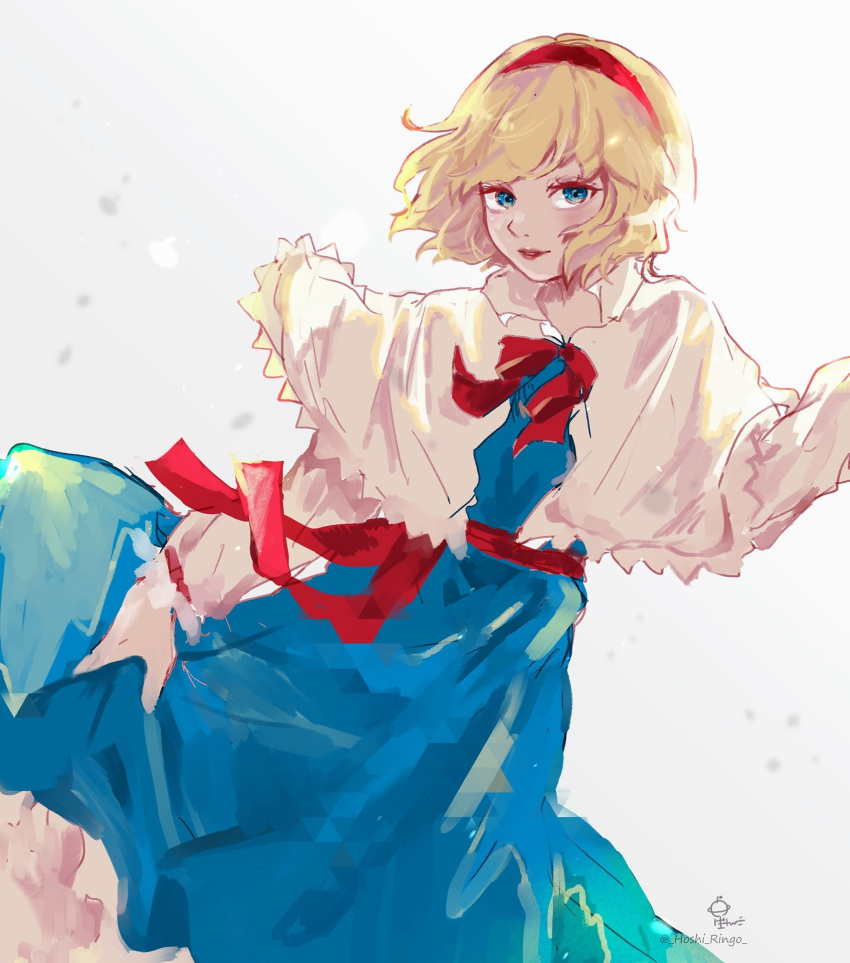 1girl alice_margatroid ascot blonde_hair blue_dress blue_eyes bow bowtie capelet closed_mouth commentary_request dress dutch_angle frilled_dress frills hairband happy highres hoshiringo0902 lips lipstick long_sleeves makeup red_ascot red_bow red_bowtie red_hairband red_lips short_hair simple_background smile solo touhou white_background white_capelet