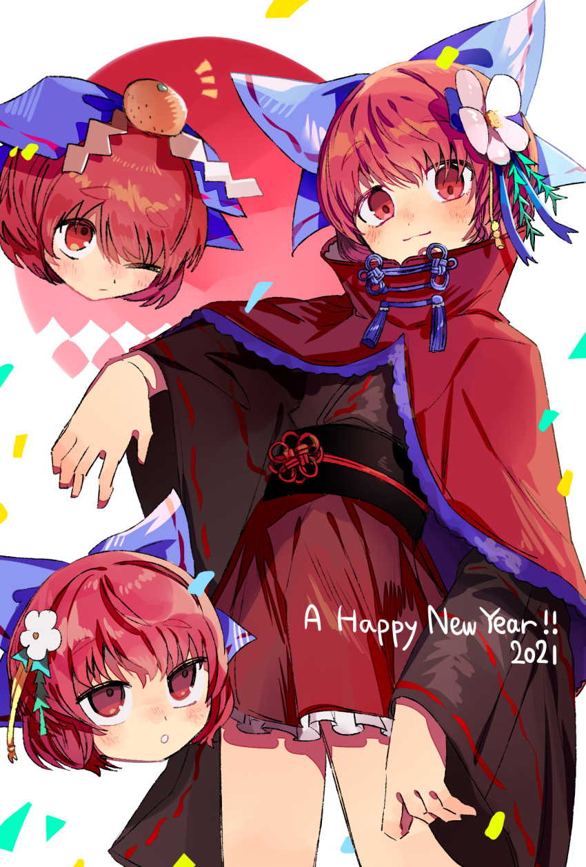 1girl 2021 :o ;| asuku_(69-1-31) bangs blue_bow blue_ribbon blush bow brown_shirt cape commentary disembodied_head floating_head flower food frilled_cape fruit hair_bow hair_flower hair_ornament happy_new_year highres long_sleeves looking_at_another looking_at_viewer mandarin_orange multiple_heads new_year notice_lines obi open_mouth petticoat red_cape red_eyes red_ribbon red_skirt redhead ribbon ribbon-trimmed_sleeves ribbon_trim sash sekibanki shirt short_hair skirt smile solo touhou wide_sleeves