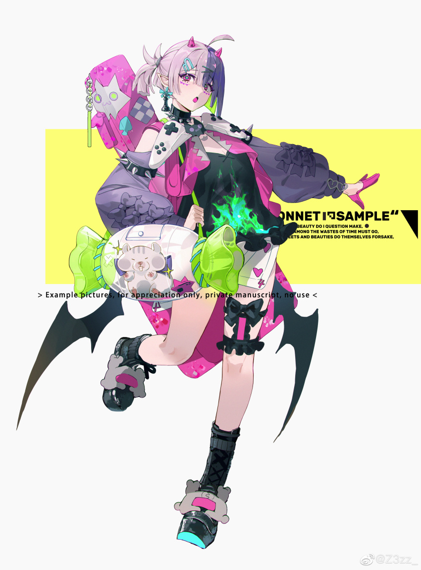 1girl absurdres ahoge bag black_footwear black_hair black_shirt breasts chess_piece controller demon_horns earrings four_of_hearts full_body game_controller gloves grey_hair hair_between_eyes hair_tie hamster highres holding_strap horns instrument_case instrument_on_back jacket jewelry long_sleeves looking_at_viewer low_wings multicolored_hair open_mouth original pink_jacket pointy_ears puffy_long_sleeves puffy_sleeves purple_gloves purple_hair shirt shoulder_bag single_glove solo split-color_hair standing standing_on_one_leg two-tone_hair violet_eyes wings z3zz4