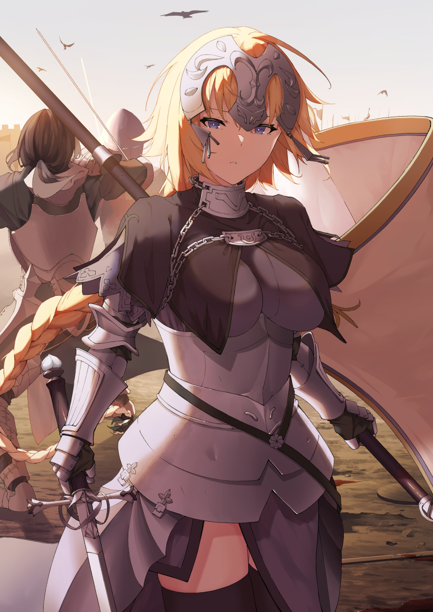 1girl 2boys absurdres animal armor armored_dress bird black_hair black_legwear blonde_hair blood blue_eyes braid breasts chain commentary fate/apocrypha fate/grand_order fate_(series) faulds flag fukuidesu0110 gauntlets gilles_de_rais_(saber)_(fate) headpiece highres holding holding_flag holding_sword holding_weapon jeanne_d'arc_(fate) jeanne_d'arc_(ruler)_(fate) knight large_breasts long_hair looking_at_viewer multiple_boys outdoors plackart ponytail sky standard_bearer sword thigh-highs very_long_hair weapon white_flag