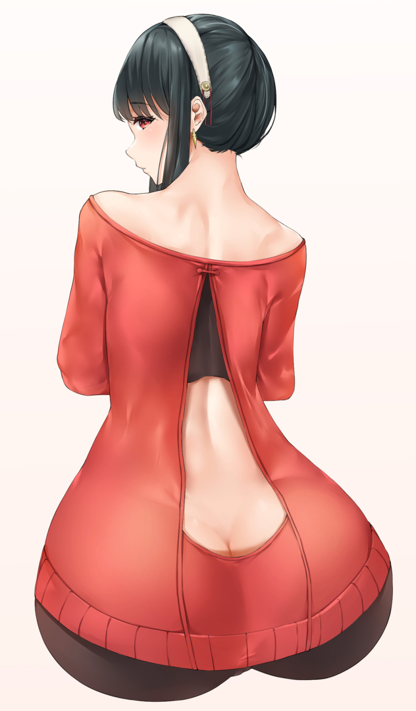 1girl ass back back_cutout backless_outfit bare_shoulders black_hair black_legwear butt_crack clothing_cutout earrings from_behind highres jewelry looking_at_viewer looking_back pantyhose red_eyes red_sweater sidelocks sitting solo spy_x_family sweater yor_briar zah_takara