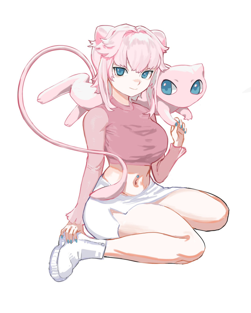 1girl annie_lyce bangs blue_eyes blue_nails breasts cropped_shirt english_commentary full_body hair_cones highres holding_hands long_sleeves long_tail looking_at_viewer medium_breasts mew midriff miniskirt navel navel_piercing pencil_skirt personification piercing pink_shirt pokemon shirt short_hair sidelocks simple_background sitting skirt smile tail wariza white_background white_footwear white_skirt