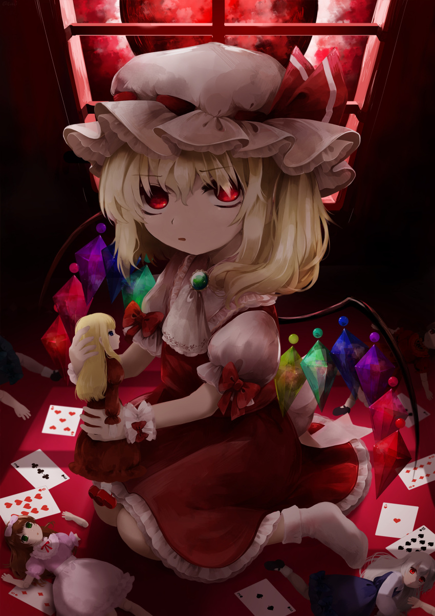 1girl ascot blonde_hair brooch card commentary_request crystal doll eyebrows_visible_through_hair flandre_scarlet frilled_skirt frills full_body green_brooch hat hat_ribbon highres holding holding_doll indoors jewelry looking_at_viewer maa_(forsythia1729) medium_hair mob_cap moon no_shoes playing_card puffy_short_sleeves puffy_sleeves red_eyes red_moon red_ribbon red_skirt red_vest ribbon ribbon-trimmed_headwear ribbon_trim shirt short_sleeves skirt skirt_set socks solo touhou vest white_ascot white_headwear white_legwear white_shirt window wings wrist_cuffs