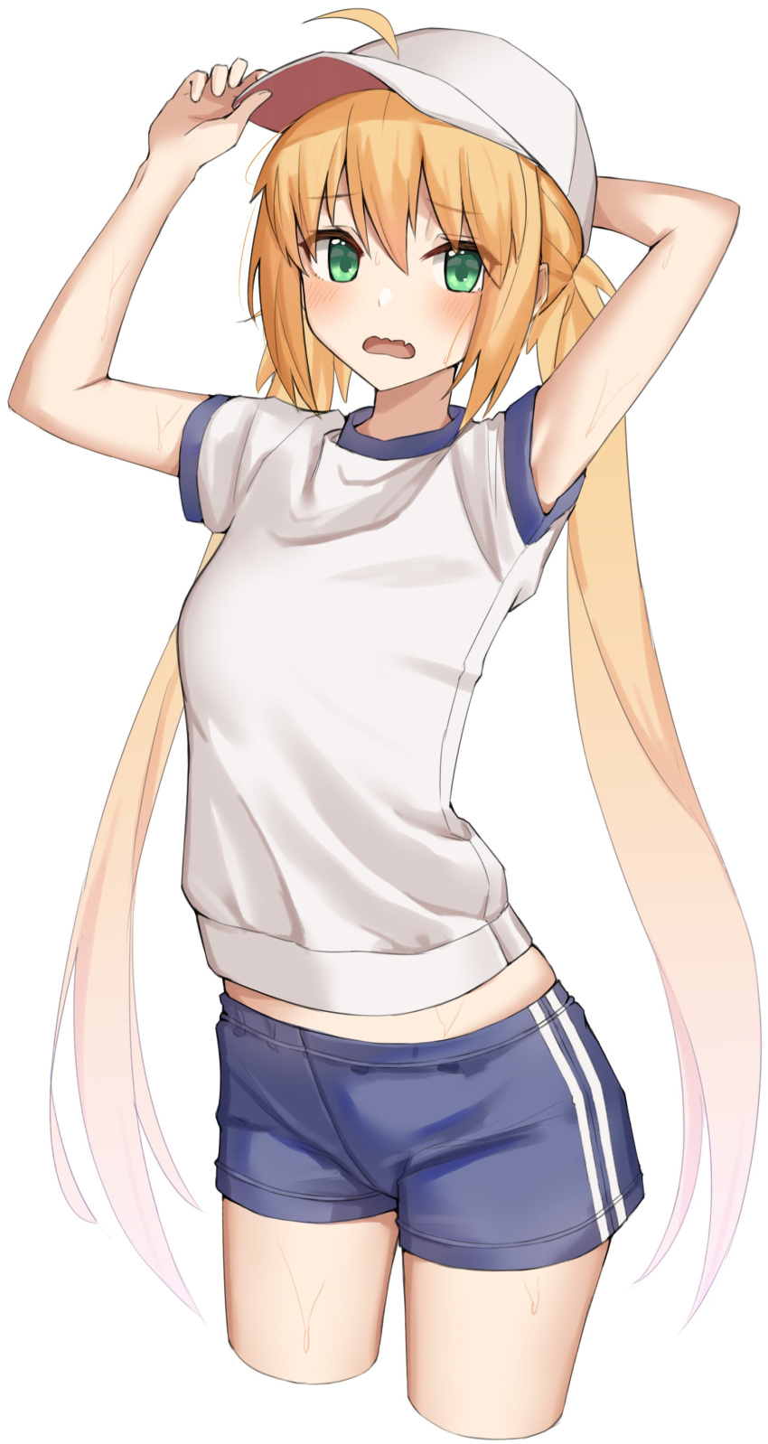 1girl absurdres ahoge arms_up artoria_caster_(fate) artoria_pendragon_(fate) bangs baseball_cap blonde_hair blue_shorts blush breasts fate/grand_order fate_(series) green_eyes hair_through_headwear hat highres kopaka_(karda_nui) long_hair looking_at_viewer open_mouth shirt short_sleeves shorts small_breasts solo thighs twintails white_headwear white_shirt