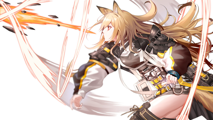 1girl animal_ears arknights belt boots ceobe_(arknights) cowboy_shot dog_ears highres infection_monitor_(arknights) jacket light_brown_hair long_hair originium_(arknights) originium_arts_(arknights) pixel_(user_pkds3458) pouty_lips puffy_sleeves simple_background solo speed_lines thigh-highs thigh_boots throwing white_background