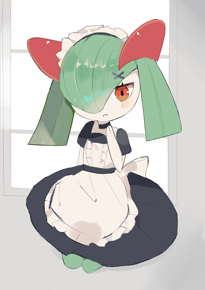 1girl absurdres apron back_bow bangs black_choker black_dress blush bow center_frills choker clothed_pokemon colored_skin commentary dress english_commentary flat_chest frilled_apron frills full_body green_hair green_skin grey_background hair_ornament hair_over_one_eye hand_to_own_mouth hand_up highres indoors kirlia kneeling looking_at_viewer maid maid_apron maid_headdress medium_hair multicolored_skin natsumiko one_eye_covered open_mouth pokemon pokemon_(creature) puffy_short_sleeves puffy_sleeves red_eyes seiza shiny shiny_hair short_dress short_sleeves sidelocks sitting sketch solo two-tone_skin white_apron white_bow white_skin window x_hair_ornament