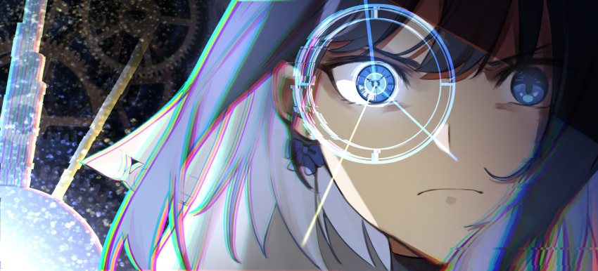 1girl bangs blue_bow blue_eyes blue_hair bow bow_earrings chromatic_aberration clock_eyes closed_mouth earrings frown gears highres hololive hololive_english jewelry looking_at_viewer ouro_kronii portrait rakku_(rkrmz0n) roman_numeral short_hair solo symbol-shaped_pupils v-shaped_eyebrows virtual_youtuber