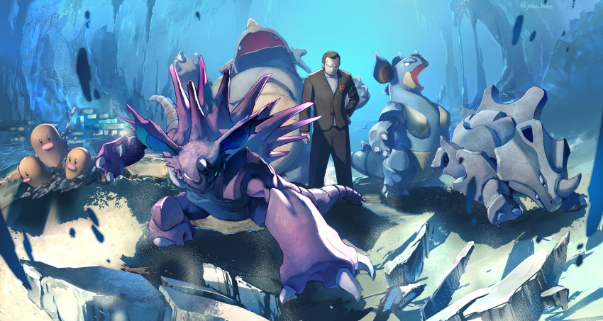 black_suit brown_hair cave claws destruction drill dugtrio formal frown giovanni_(pokemon) hand_on_hip highres horns jako_(boke_poke) nidoking nidoqueen pokemon pokemon_(creature) pokemon_(game) pokemon_frlg rhydon rhyhorn rock rubble sharp_teeth single_horn smirk spikes stone stone_floor suit tail team_rocket teeth