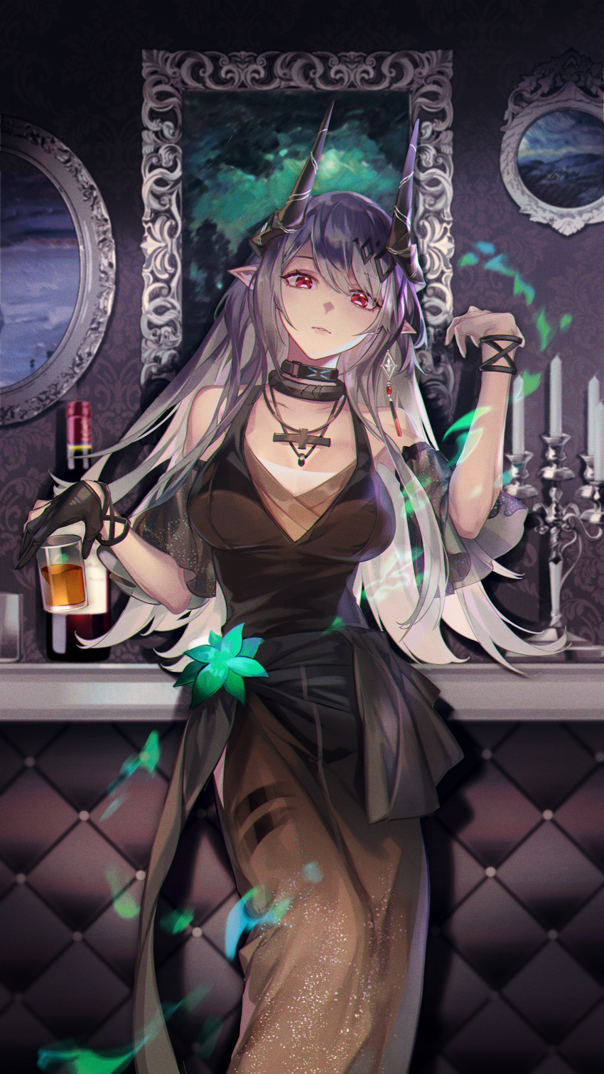 1girl absurdres arknights bangs bare_shoulders black_choker black_dress black_gloves bottle breasts candle chinese_commentary choker commentary_request cowboy_shot cup detached_sleeves dress drinking_glass gloves grey_hair hand_up highres holding holding_cup horns indoors infection_monitor_(arknights) jewelry large_breasts long_hair looking_at_viewer mudrock_(arknights) mudrock_(obsidian)_(arknights) necklace official_alternate_costume pointy_ears prussia_echo red_eyes short_sleeves solo standing very_long_hair